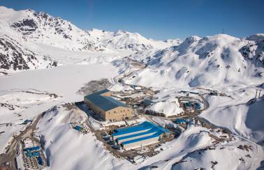 Aerial view of Brucejack mine surrounded by snow covered mountains