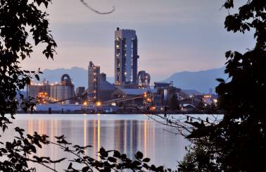 Looking through trees at body of water and Lafarge's Richmond plant
